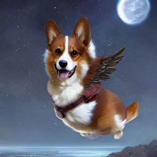 Prompt: corgi with [ angelic wings ]!!, [ flying like a superhero ]!! in the [ night sky ]!! where the stars are visibly perceptible, [ realistic photo ]!!, [ illustrated by greg rutkowski ]!!, trending on artstation