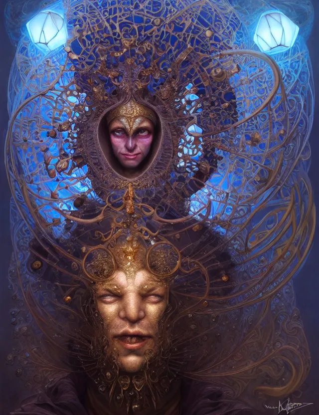 Image similar to front shot of a court jester character, hyperdimensional, bioluminescent hypercubes, ((intricate)), elegant, highly detailed, centered, (((artstation, concept art, smooth, sharp focus, artgerm, Tomasz Alen Kopera, Peter Mohrbacher, donato giancola, Joseph Christian Leyendecker, WLOP, Boris Vallejo))), mugshot!!!!!, ugly!!!!!!, octane render, nvidia raytracing demo, grainy, muted, 8K, digitalblasphemy