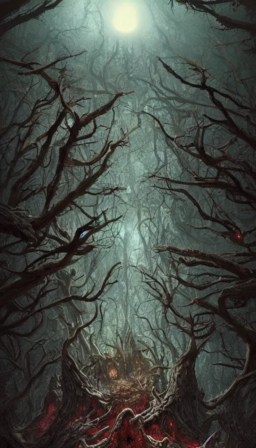 Image similar to a storm vortex made of many demonic eyes and teeth over a forest, by marc simonetti