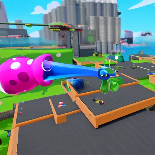 Prompt: Splatoon as a Fall Guys game, in game screenshot, realistic game engine