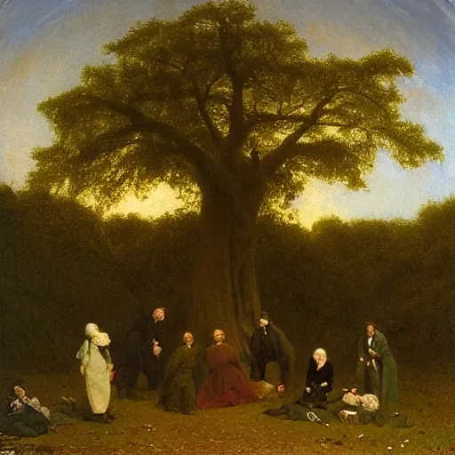 Prompt: Experimental art. a group of people gathered around a large tree in a forest. The tree is surrounded by a bright light, and the people appear to be looking up at it in wonder. pear, cream by Eastman Johnson forbidding, atmospheric