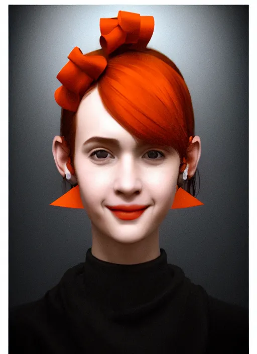 Image similar to portrait of high school girl, realistic, black hair, bangs, half updo hairstyle, pointy nose, skinny, smile, ugly, defined jawline, big chin, orange hair bow, earrings, intricate, elegant, glowing lights, highly detailed, digital painting, artstation, sharp focus, illustration, art by wlop, mars ravelo and greg rutkowski