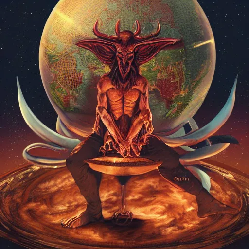 Image similar to a very detailed photo of satan sitting on earth globe, with baphomet and lucifer, creepy, godrays, studio photo, highly detailed, artstation, trending,