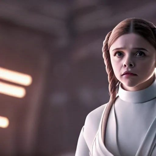 Image similar to Adult Chloe Moretz as Princess Leia, movie scene, XF IQ4, 150MP, 50mm, F1.4, studio lighting, professional, Look at all that detail!, Dolby Vision, UHD