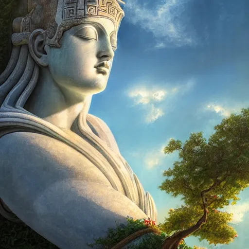 Prompt: beatiful Athena godess looking from a giant Zeus head, greek temple of olympus glory island little wood bridge painting of tower ivy plant in marble late afternoon light, wispy clouds in a blue sky, by frank lloyd wright and greg rutkowski and ruan jia