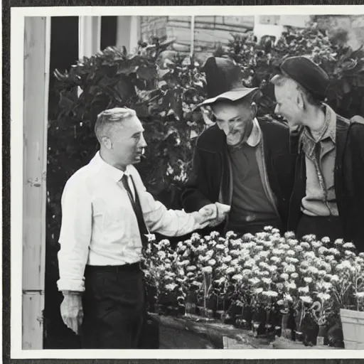 Prompt: photo of robert oppenheimer selling flowers