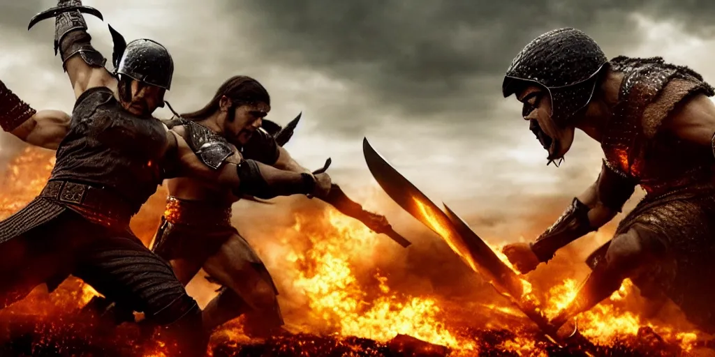 Image similar to epic battle screen of hero, film still from the movie'3 0 0'( 2 0 0 6 ), 3 d, 8 k realistic, cryengine, playstion 5 screen, cinematic lighting