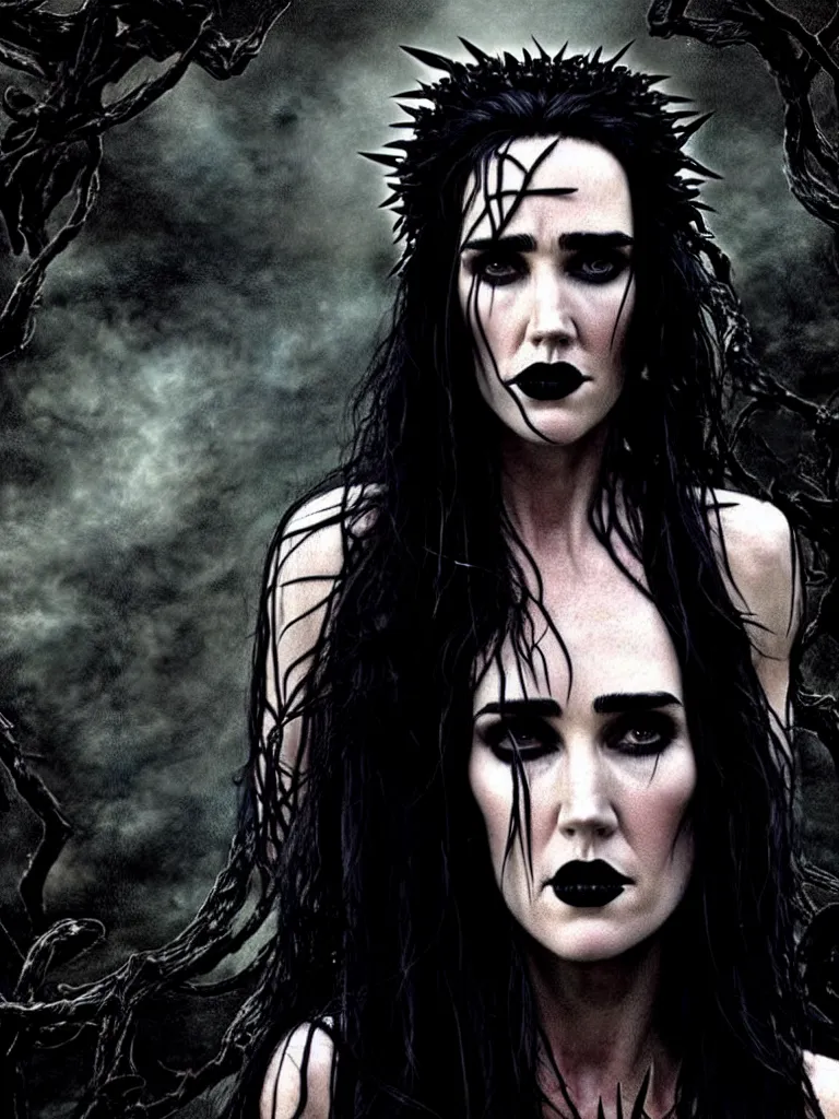 Image similar to a beautiful portrait of jennifer connelly as a goth goddess, dark art