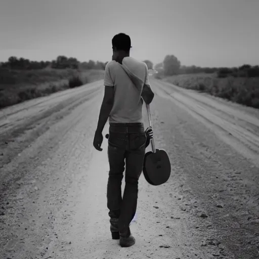 Prompt: man holding a guitar by its neck walking down a dirt road with his back to the camera. low camera angle, greyscale, album cover