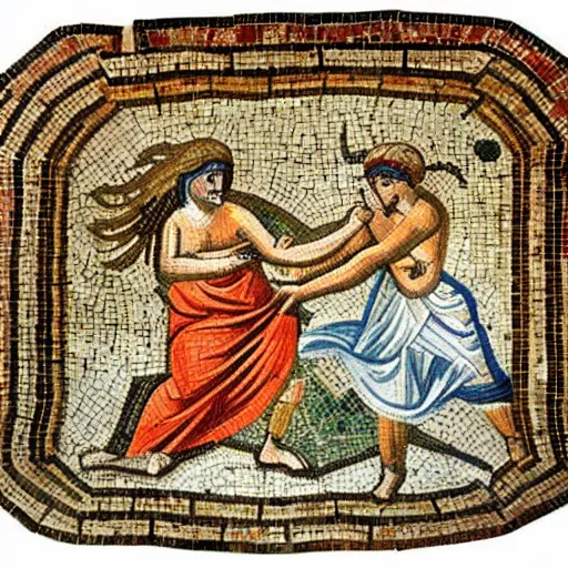 Image similar to an ancient roman mosaic of 2 persons throwing a frisbee