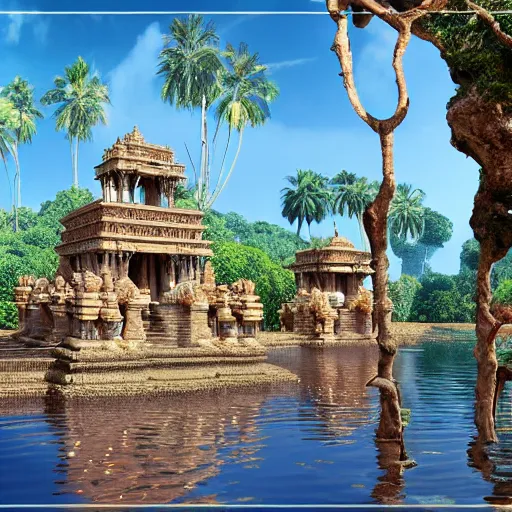 Image similar to 4 k unreal engine render of an ancient never seen before indian high detail palace and temple islands. complex architecture with intricate aetheral pilars. high detailed water. jungle background. afternoon light. hyper realistic render, digital illustration, trending on art station