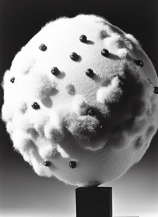 Image similar to realistic photo of a scientific model of an ugly rough fluffy hairy molecule globe made of black clay covered with white dots with wooden details, front view 1 9 9 0, life magazine reportage photo, metropolitan museum photo