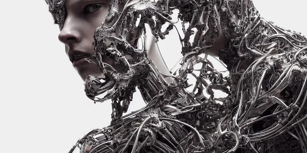 Image similar to hyper realistic photography of a stunningly beautiful cyborg male, neck, plated arm, intimate, holding close, ribbons, in the style of beth cavener, jin kagetsu,, and wlop, highly detailed, intricate filigree, symmetry, masterpiece, award winning, sharp focus, concept art, highkey lighting, ambient lighting, octane render, 8 k, artstation