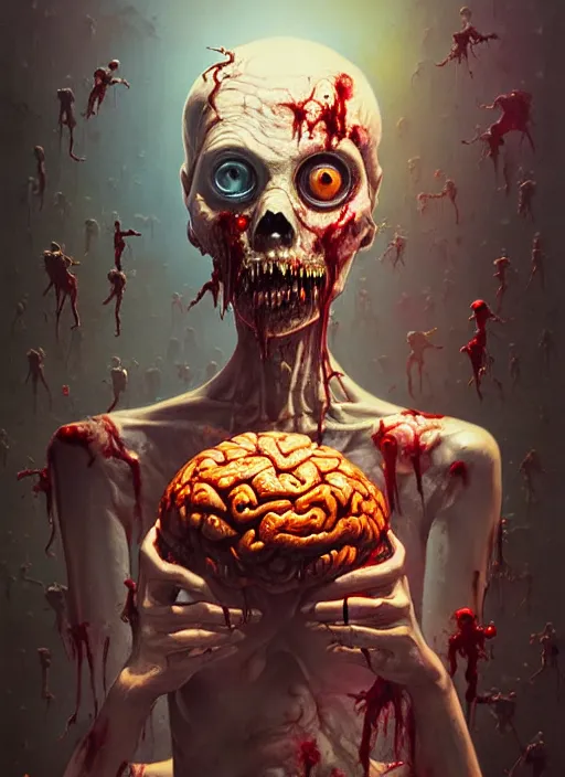 Prompt: a bokeh photo of a zombie cooking with brains, documentary film, an ultrafine detailed painting by james jean, cgsociety, figurative art, detailed painting, dystopian art, high detail greg rutkowski and andreas rocha, tristan eaton, victo ngai, artgerm, rhads, ross draws