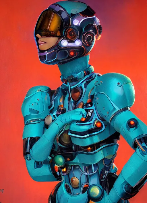 Prompt: symmetry!! dynamic pose, closeup portrait of a cyborg racer girl, high fashion cyborg jumpsuit, shoulder pads, cinematic light, backlight, teal orange, by gerald brom, by mikhail vrubel, by peter elson, muted colors, extreme detail, trending on artstation, 8 k