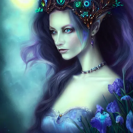 Prompt: detailed portrait of a dark fairy queen, crown, pixie, iris, realism, pale blue, emerald, galaxy, sapphire,dark purple crown,leaves, moonlit, dark fantasy, dramatic lighting, cgsociety, artstation
