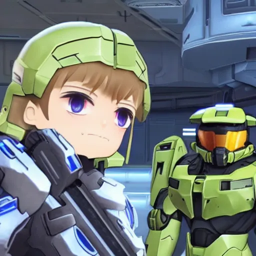 Image similar to master chief from halo holding vanilla from nekopara with the arbiter in background staring jealously