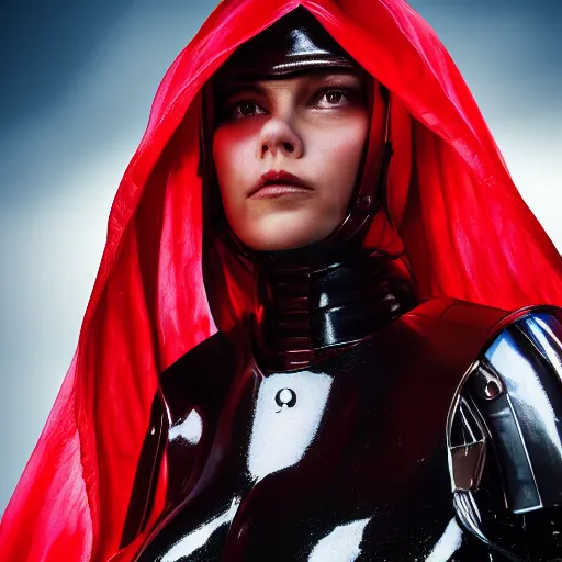 Prompt: headshot of a beautiful female soldier in glossy sleek white armor and a long red cape, looking up at camera, determined expression, no helmet, on the surface of mars, night time, cinematic, sci-fi, hyperrealistic