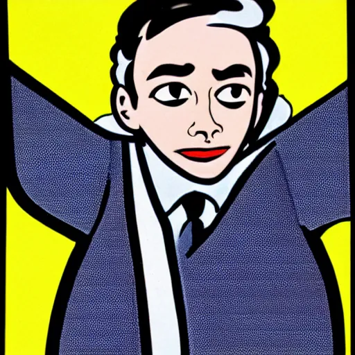 Prompt: a burning chemist in a white coat, roy lichtenstein