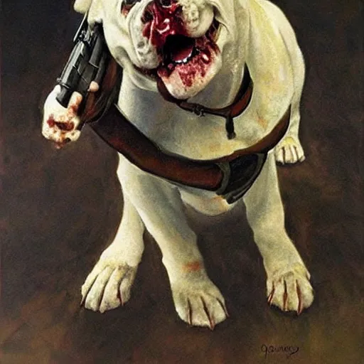 Image similar to a zombie puppy holding a gun. Painting by James Gurney