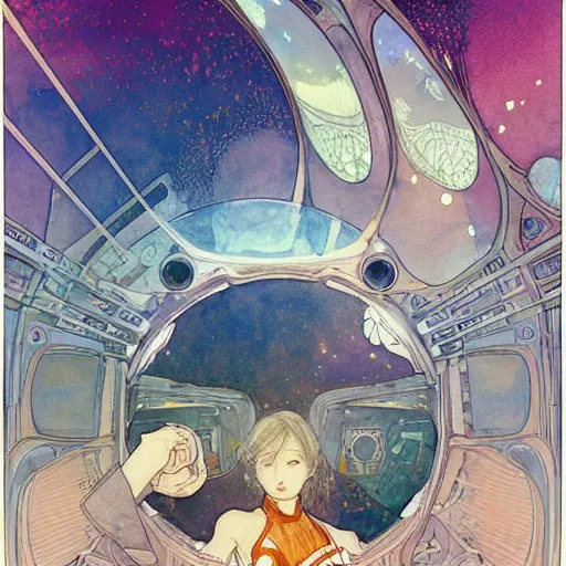 Image similar to a beautiful intricate watercolor illustration of an interior of space ship, 4 k, ultra - wide angle, by william turner, by victo ngai, by alphonse mucha, by miho hirano, by moebius, hd, trending on artstation, hyper detailed, muted colors