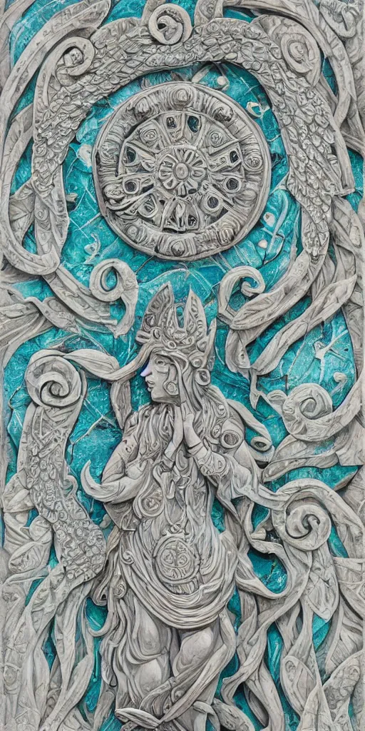 Image similar to intricate colourfully painted carved Soapstone relief paneling, white and pale blue , celestial, piggy, pig goddess, mother earth, Earth Goddess mythology, Gaia, angels, divinity, Ghostly, crystaline celtic, insanly detailed , artstation, wallpaper, hyper realistic, realistic lighting