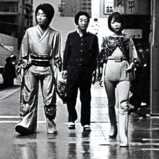 Prompt: 1 9 7 0 s japanese tv show, bw, sci - fi, tsukamoto, mechanical inhuman monsters walking the streets of shinjuku,