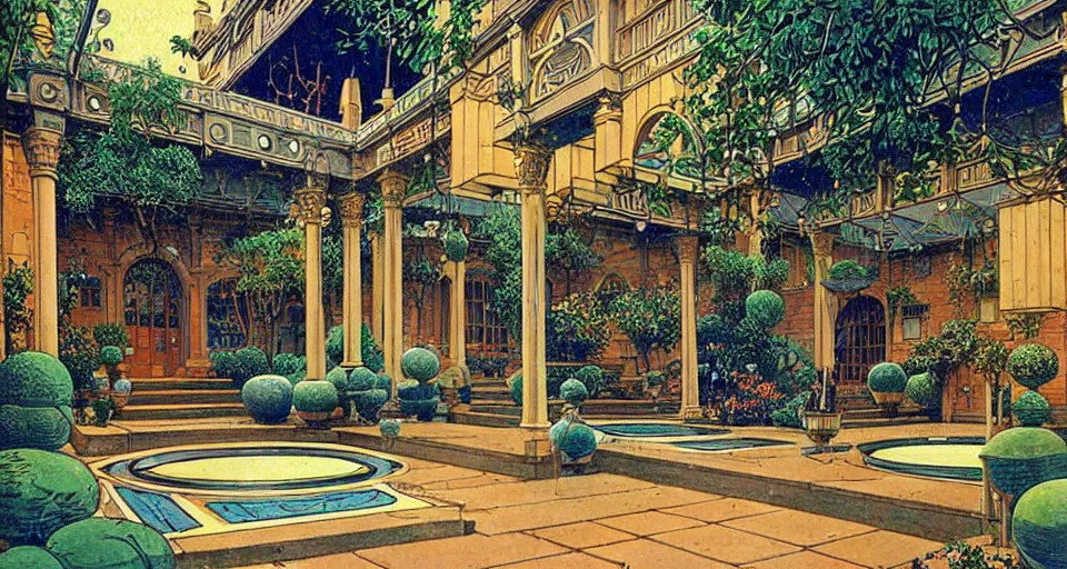 Image similar to a luxurious scifi futuristic victorian garden courtyard by robert mccall, moebius