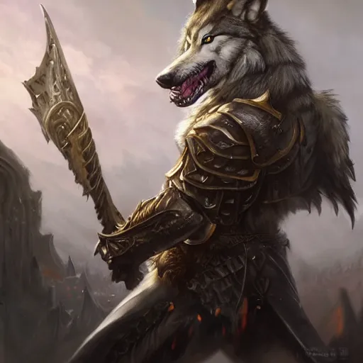 Image similar to Wolf, Anthropomorphized, as warlord general, magic the gathering artwork, D&D, fantasy, cinematic lighting, centered, symmetrical, highly detailed, digital painting, artstation, concept art, smooth, sharp focus, illustration, volumetric lighting, epic Composition, 8k, art by Akihiko Yoshida and Greg Rutkowski and Craig Mullins, heroic pose, oil painting, cgsociety, Battlefield background, explosions, arrows