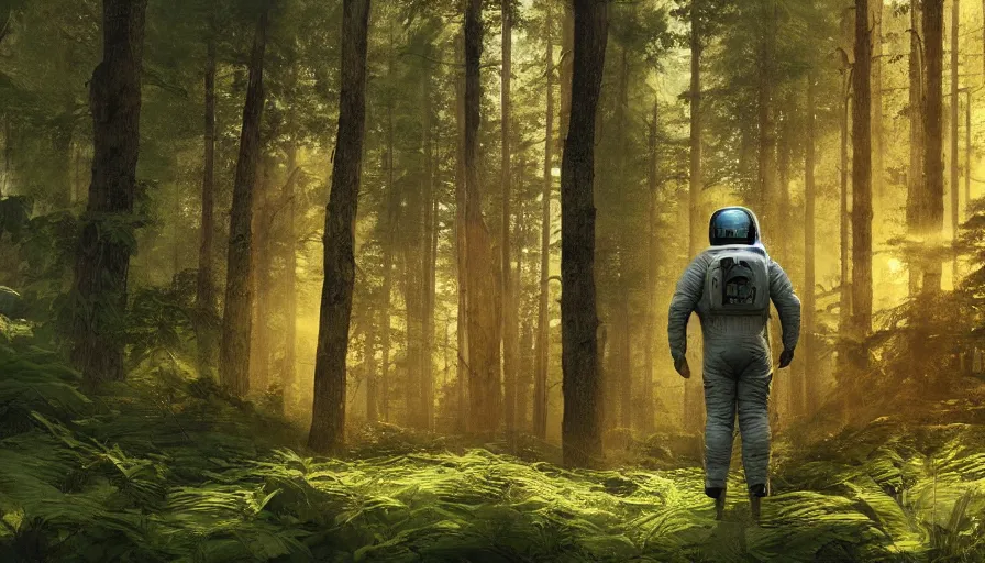 Image similar to american astronaut in the forest, plants environment, wide angle, cinematic lighting, atmospheric, realistic, octane render, highly detailed, color graded, in the style of craig mullins