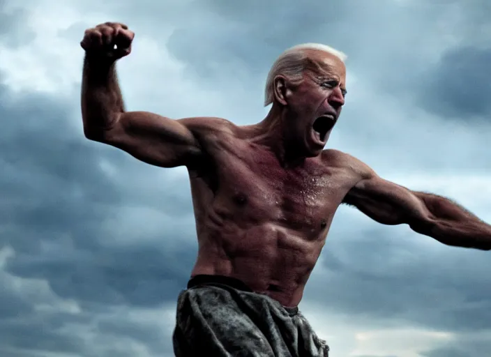 Image similar to film still of joe biden as leonidas shouting in 3 0 0 movie, 8 k, epic moody sky, dramatic lighting