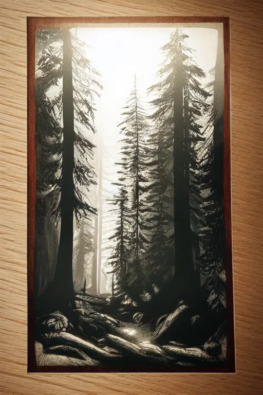 Image similar to a beautiful woodcut print of a redwood forest, 8 k, frostbite 3 engine, cryengine, dof, trending on artstation, digital art, crepuscular ray, art by roy l davies and tugboat printshop