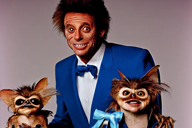 Prompt: a portrait photograph of gizmo from the movie gremlins wearing a blue wedding suit and looking proud, portrait taken by annie leibovitz,