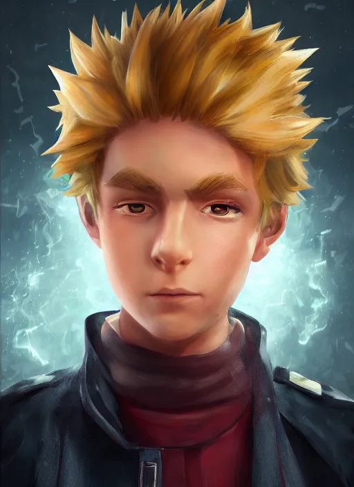 Image similar to An epic fantasy pokemon anime style portrait painting of a young blonde boy thief, unreal 5, DAZ, hyperrealistic, octane render, cosplay, RPG portrait, dynamic lighting