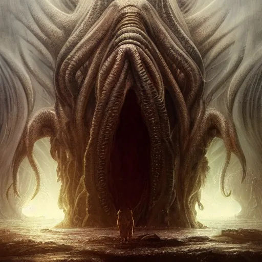 Image similar to human looking at big monstrosity portrait of Cthulhu, hyperdetailed, artstation, cgsociety, by greg rutkowski, by Gustave Dore