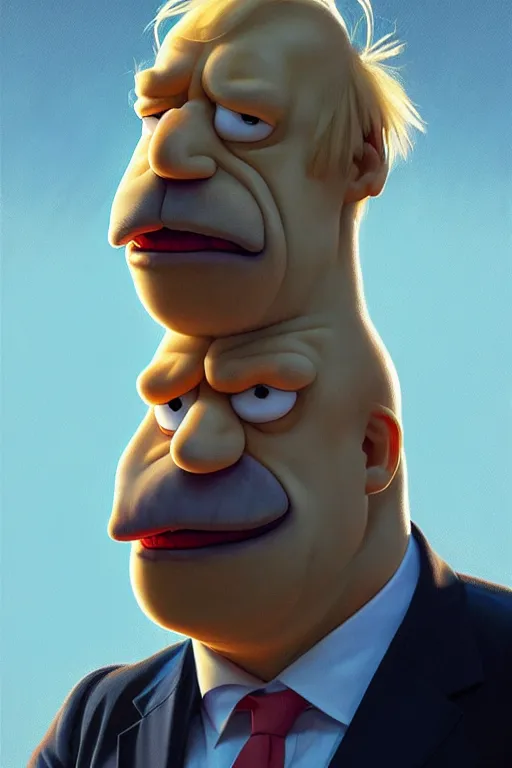 Image similar to Boris Johnson as Homer Simpson, realistic portrait, symmetrical, highly detailed, digital painting, artstation, concept art, smooth, sharp focus, illustration, cinematic lighting, art by artgerm and greg rutkowski and alphonse mucha