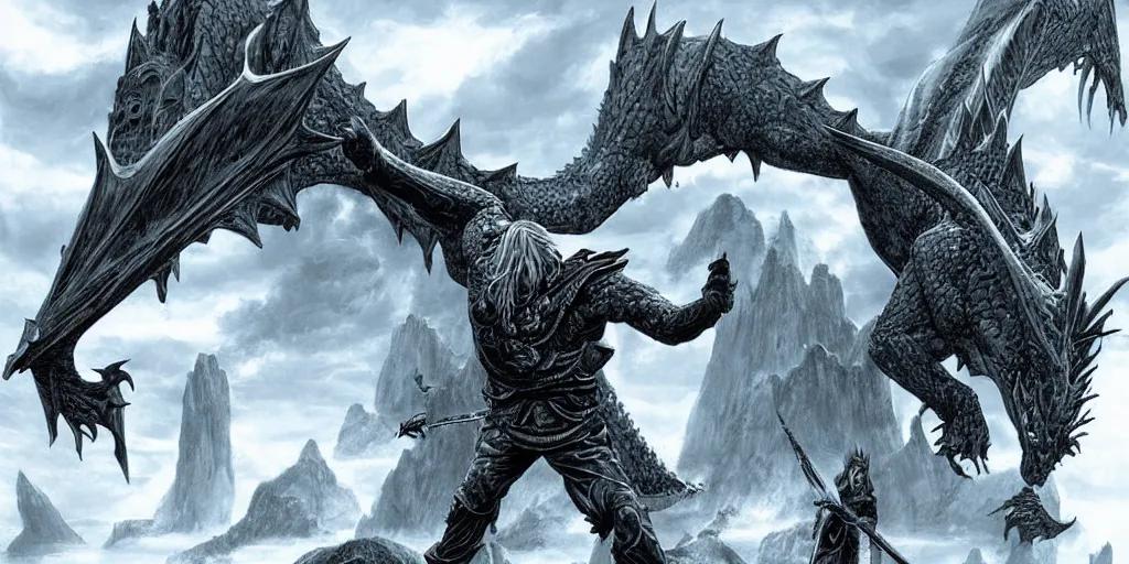 Prompt: ultra realistic illustration, epic high fantasy landscape. elric of melnibone fights an enormous stone dragon graphic art print by michael whalen