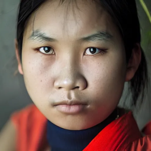 Prompt: portrait of 13-year old Vietnamese girl with defiant look