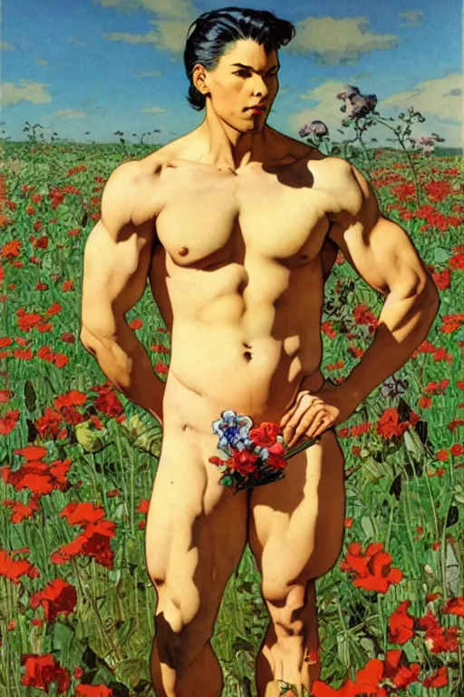 Prompt: attractive man in flower field, muscular, painting by j. c. leyendecker, yoji shinkawa, katayama bokuyo