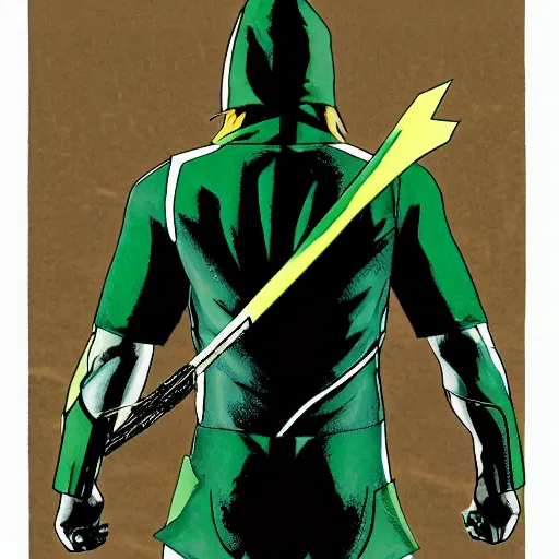 Prompt: The Green Arrow action pose, view from behind looking over shoulder, drawing an arrow from his quiver, comic book cover style