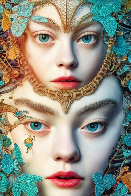 Prompt: cinema 4d colorful render, organic, dark scene, ultra detailed, of a porcelain beautiful elle fanning face. biomechanical, analog, macro lens, hard light, big leaves and large orange Dragonflies, stems, roots, fine foliage lace, turquoise gold details, high fashion haute couture, art nouveau fashion embroidered, intricate details, mesh wire, mandelbrot fractal, anatomical, facial muscles, cable wires, elegant, hyper realistic, in front of dark flower pattern wallpaper, ultra detailed