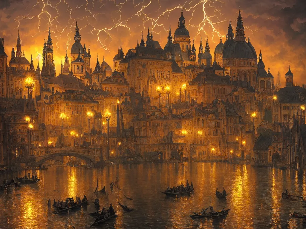 Prompt: a view from the river a city resembling prague, paris, and venice at night with a sky full of lightning, intricate, elegant, highly detailed, digital painting, artstation, concept art, smooth, sharp focus, colored illustration for tattoo, art by thomas kincade, krenz cushart and artem demura and alphonse mucha,