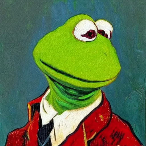 Image similar to kermit portrait, oil painting, visible brush strokes, by van gogh