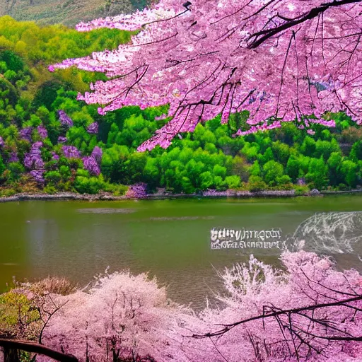 Image similar to forest and lakes with purple Sakura flowers with snow mountains at the background