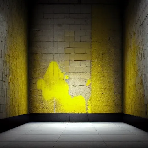 Prompt: a tall black skinny, intelligent and menacing monster is roaring from behind a wall in a cramped empty liminal office hallway with dull yellow wallpaper and old moist yellow carpet, tilted frame, intricate, fluorescent lighting lit from above, ultra 4 k, intricate, realistic