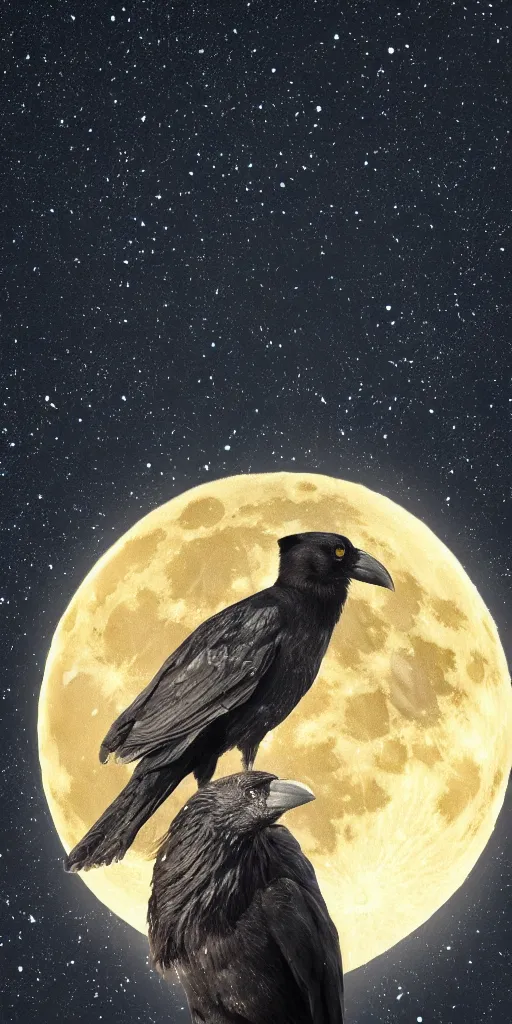 Prompt: close up portrait of one crow in front of the full big moon, fantasy digital art, high definition, 8k, high details, high quality, golden and silver colors, glowing lights in the background