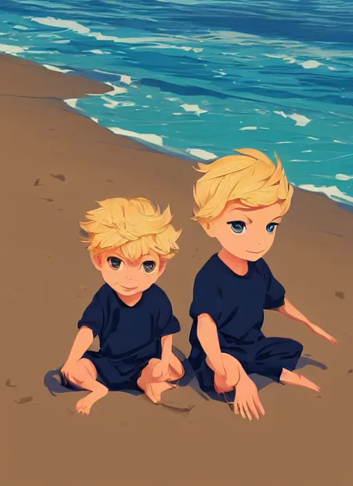 Image similar to two little boys with tousled blonde hair sitting on a beach. clean cel shaded vector art. shutterstock. behance hd by lois van baarle, artgerm, helen huang, by makoto shinkai and ilya kuvshinov, rossdraws, illustration, art by ilya kuvshinov