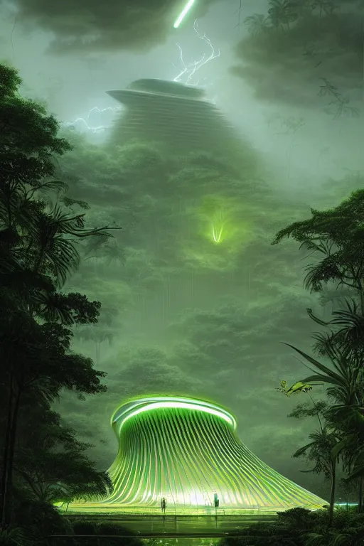 Image similar to a stormy tropical forest with green lightning bugs flying around a ancient futuristic temple designed by zaha hadid, tone mapped, shiny, intricate, cinematic lighting, highly detailed, digital painting, artstation, concept art, smooth, sharp focus, illustration, art by arthur haas and bruce pennington and john schoenherr