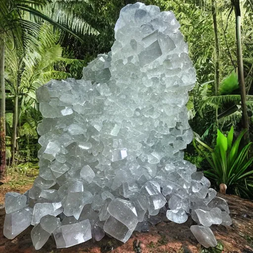 Prompt: beautiful giant completely clear massive quartz crystals that intersect each other in a large magical jungle, complex inter - play of light