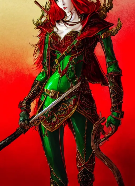 Image similar to Full body portrait of a handsome young red haired elven princess warrior wearing red, green and gold ornate leather jacket, golden tiara and an axe. In style of Yoji Shinkawa and Hyung-tae Kim, trending on ArtStation, dark fantasy, great composition, concept art, highly detailed.